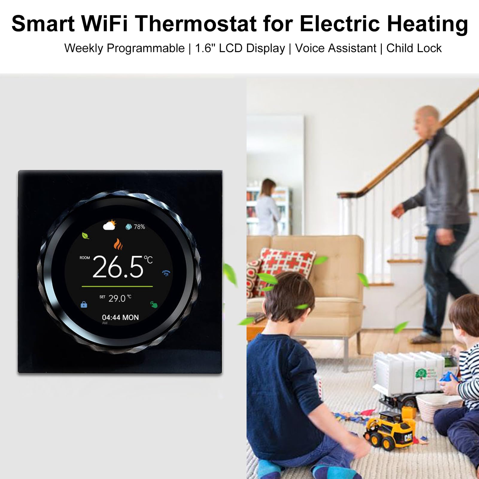 Cryfokt Inteligentny Termostat WiFi, Programowalny Cyfrowy Regulator Temperatury, Ekran 1,6 Cala, Sterowanie Głosowe, Harmonogram 7-dniowy, Blokada Dziecięca, do Elektrycznego Ogr (BLACK)