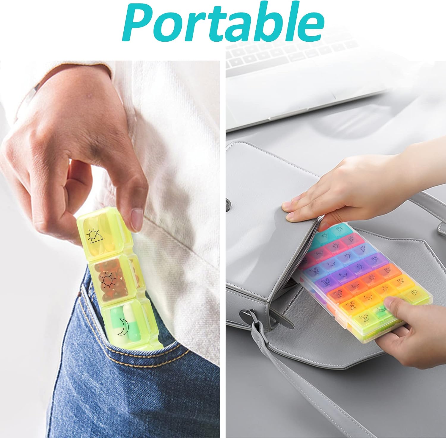 Macood Small Pill Organizer 7 Day (4 Times a Day) Portable Weekly Pill Box Case Dispenser for Vitamins/Supplements/Medication/Fish Oil - Rainbow Colors (Note: Small Size)