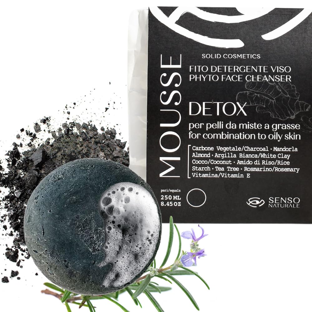 Limpiador Facial Sólido para Pieles Grasas, Mousse Desmaquillante con Carbón Activo, Romero y Aceites Esenciales de Tea Tree, 100% Natural y Ecológico (Mousse Detox)