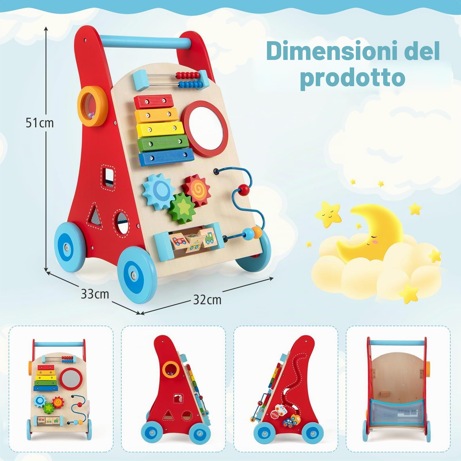 FANTASK Passeggino in legno per primi passi con manico, vano portaoggetti e ruote per spingere e tirare, Montessori Baby Walker per sedersi e stare in piedi, ragazzi e ragazze a partire da 1 anno
