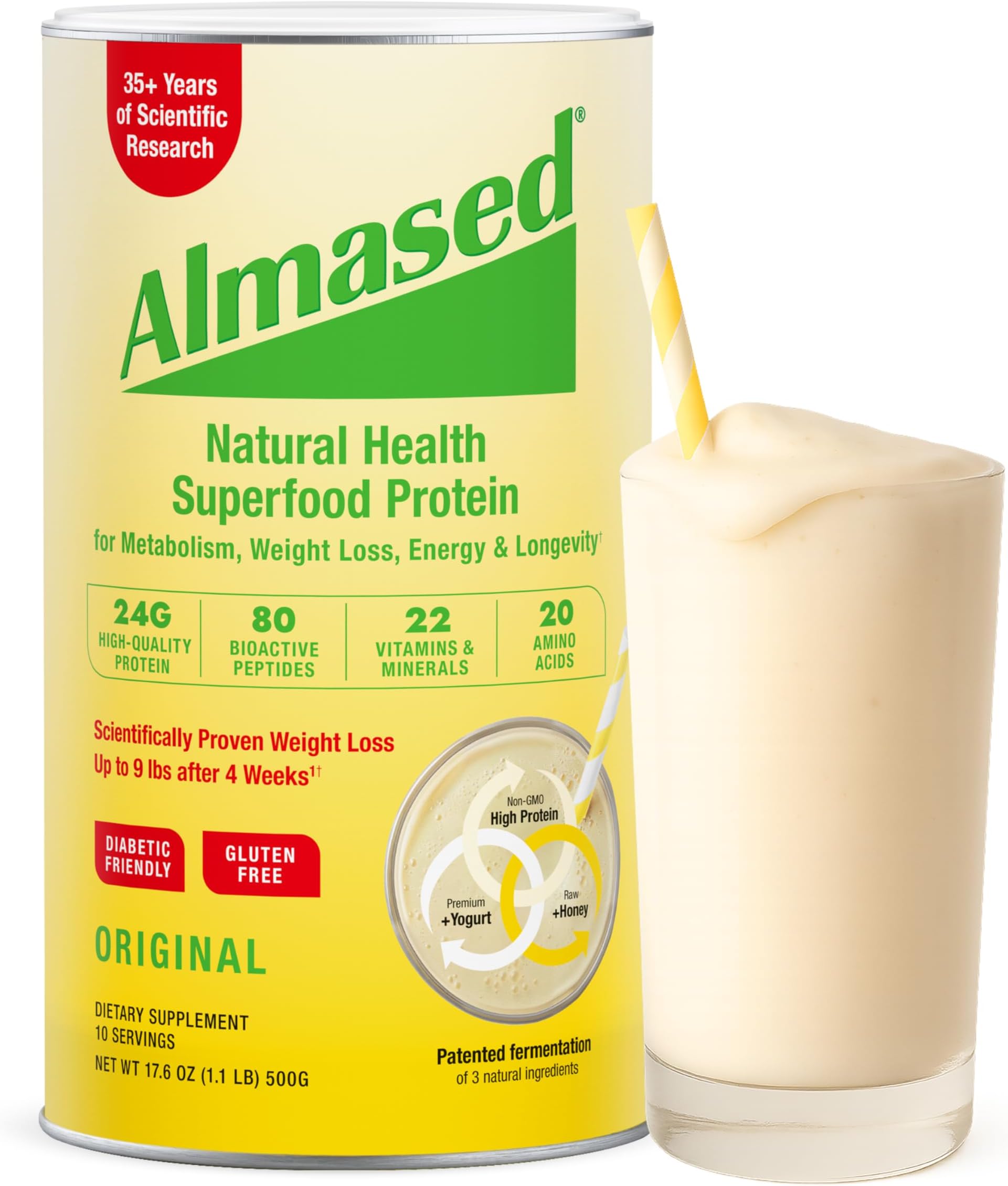 Almased Meal Replacement Shake - Low-Glycemic High Plant Base Protein Powder- Nutritional Weight Health Support Supplement - Original Flavor - 17.6 oz