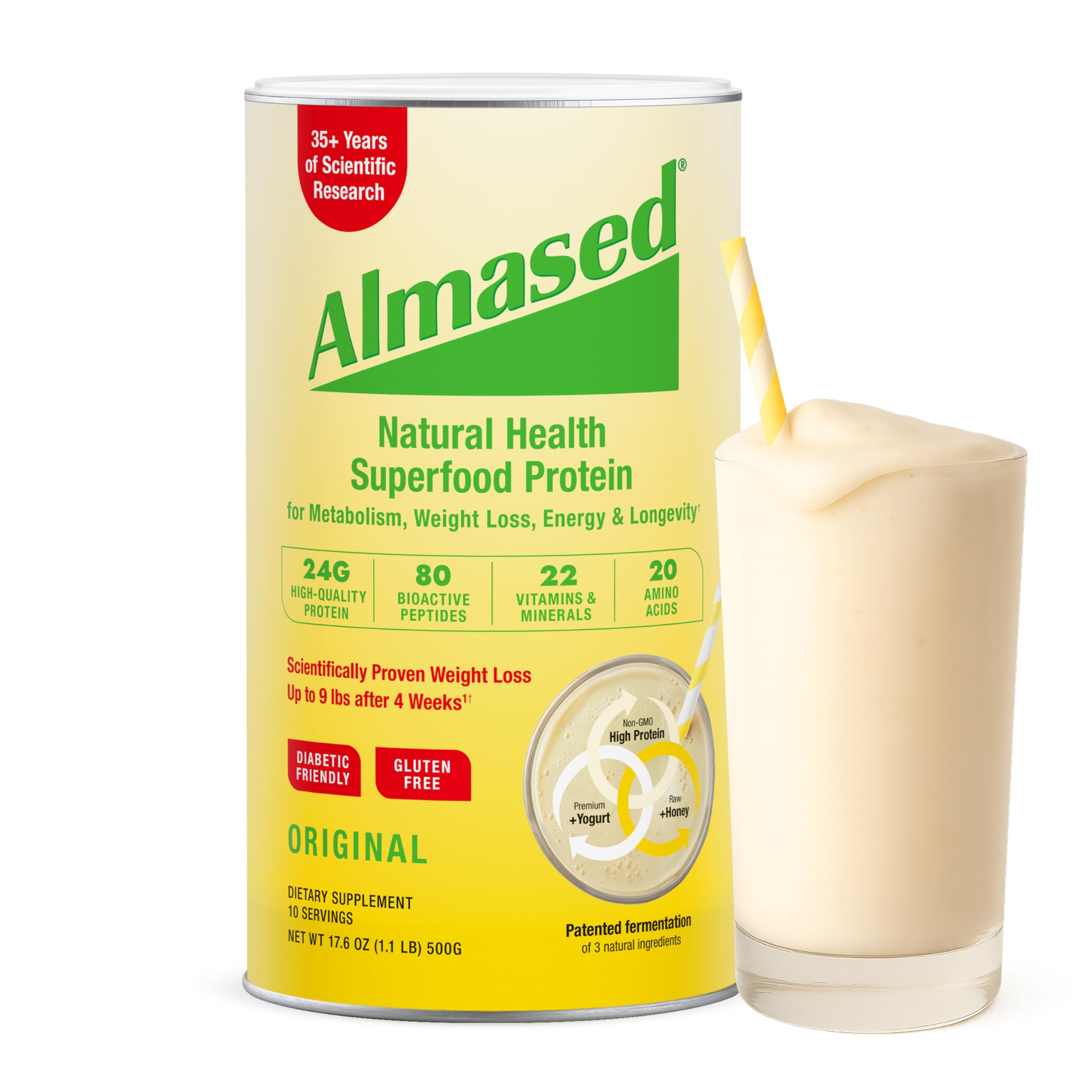 Almased Meal Replacement Shake - Low-Glycemic High Plant Base Protein Powder- Nutritional Weight Health Support Supplement - Original Flavor - 17.6 oz