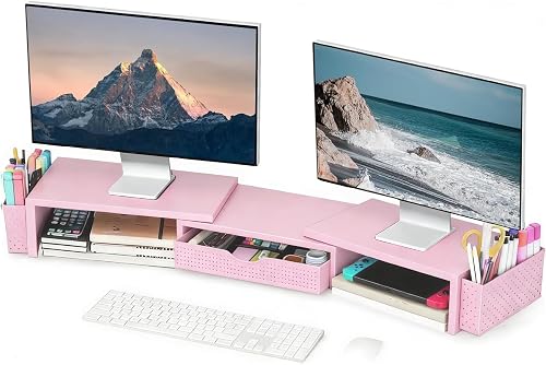 rea Metal Desk Organizers and Accessories, Dual Monitor Stand Riser with Drawer and 2 Pen Holders, Desk Accessories & Workspace Desktop Organizers for Office Supplies (Pink)