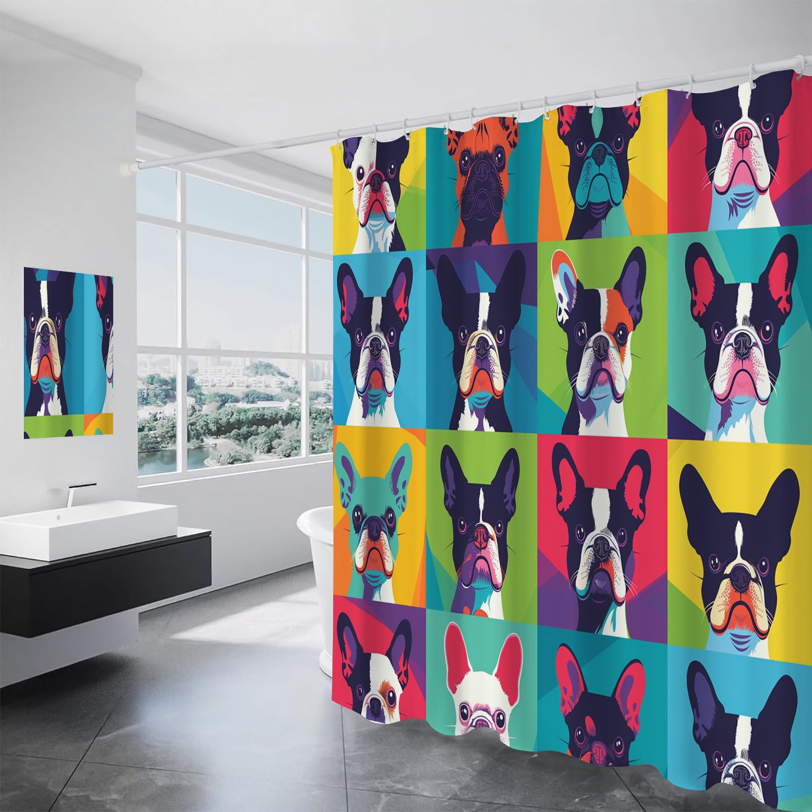 Rideau de douche polyester bouledogue français 150x180 cm pour baignoire