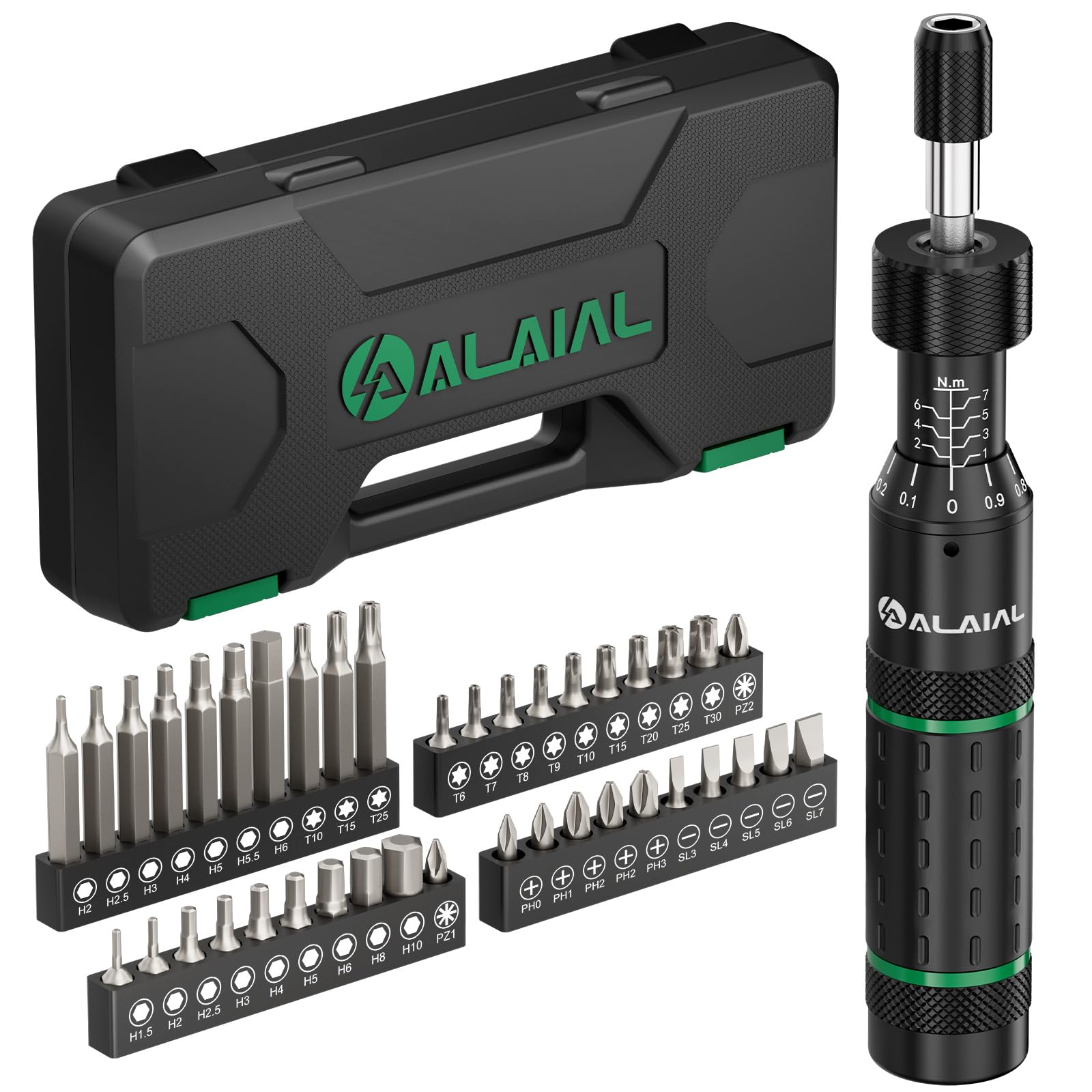 Tournevis Dynamométrique, 1-7 Nm, 41 Pièces, 1/4" Clé Dynamométrique Kit für Vélo Réparation, Assemblage, Modélisme(Vert)