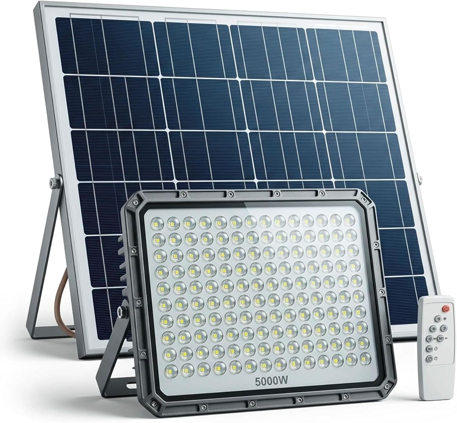 Faro Solare LED Esterno 5000W, 320 LED ad Alta Luminosità, IP66 Impermeabile, Luce Bianca Fredda 6500K, Telecomando, Autonomia fino a 12 Ore, Illuminazione per Giardino, Garage, Cortile e Terrazzo