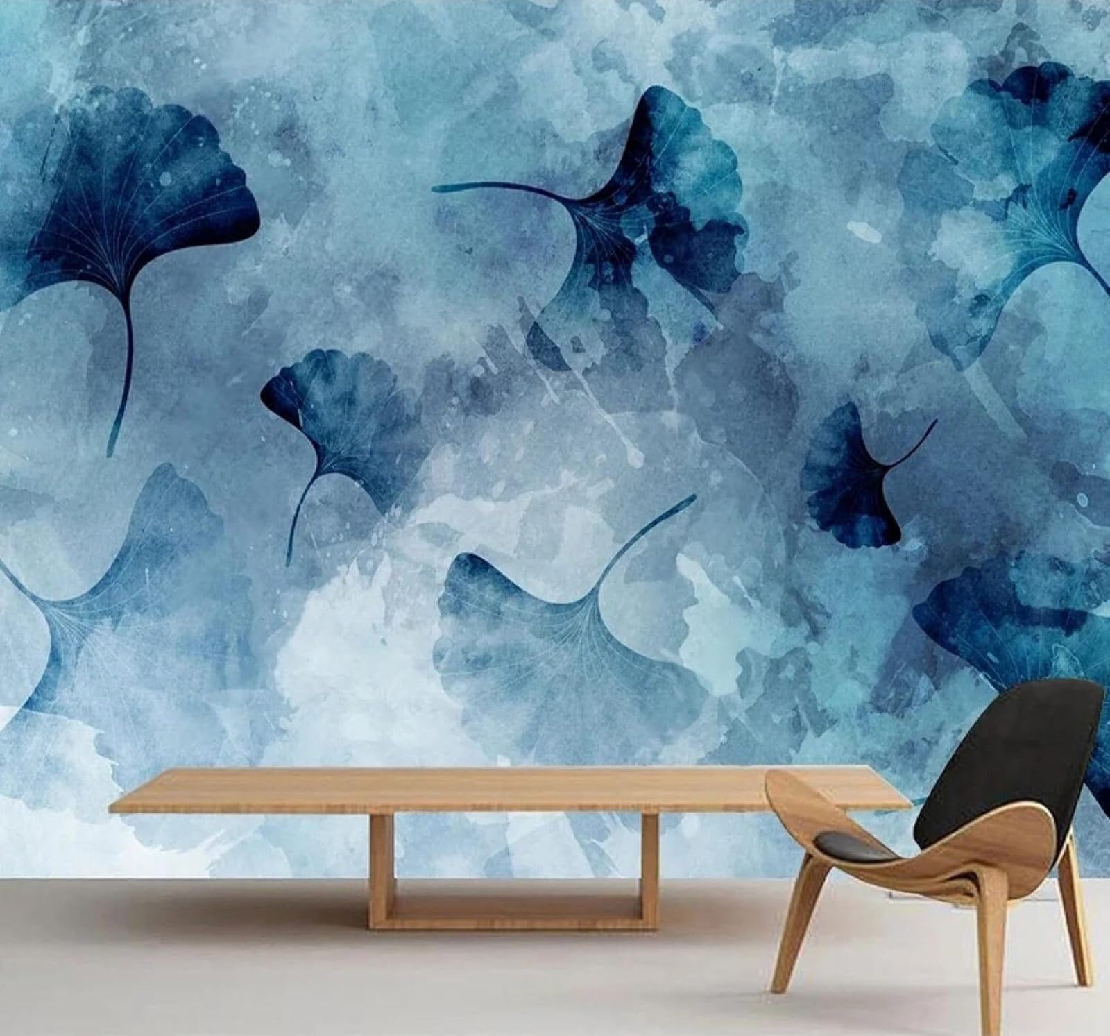 XLMING Abstract Blue Ink Wash Ginkgo Leaves Art 3D Wallpaper Silky Texture Home Study Office Grey Dining Room Sofa Bedroom Living Room TV Backdrop-250cm×170cm