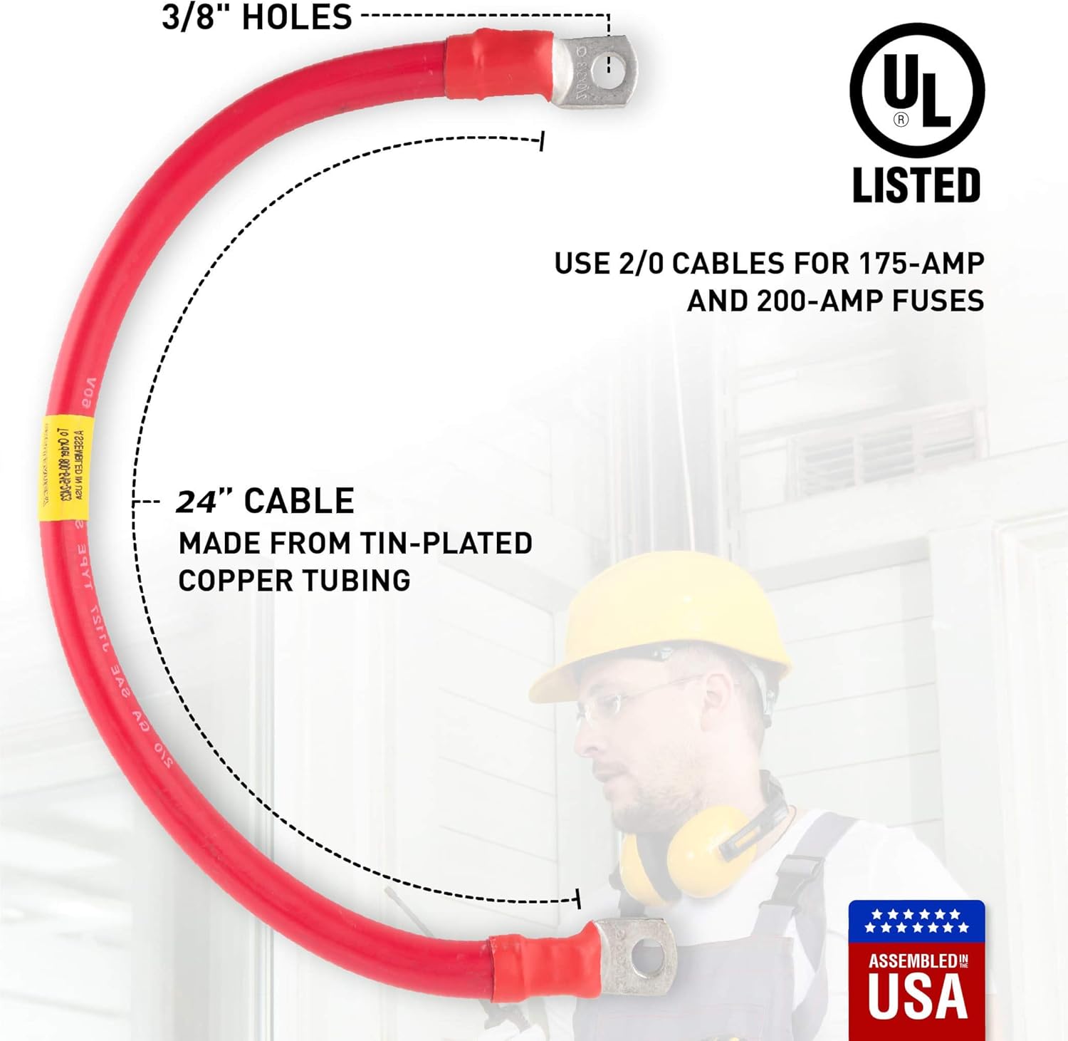 2/0 Interconnecting Copper Cable, 24-Inch Length with 3/8-Inch Lugs (Red)