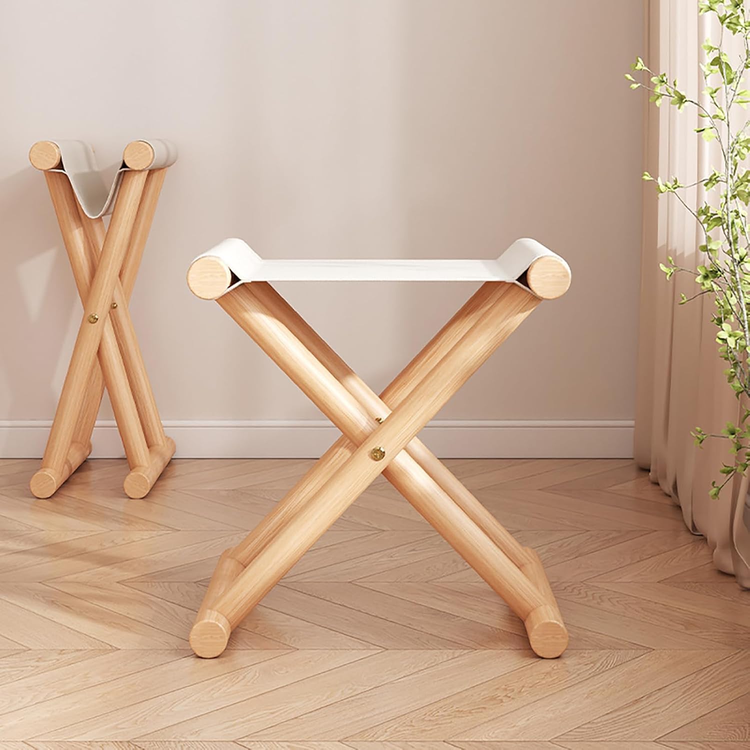 Foldable Wooden Stool with Cotton Linen Seat - X-Frame Design for Stability & Portability - Ideal for Indoor/Outdoor Use, Hiking, Picnics, BBQ