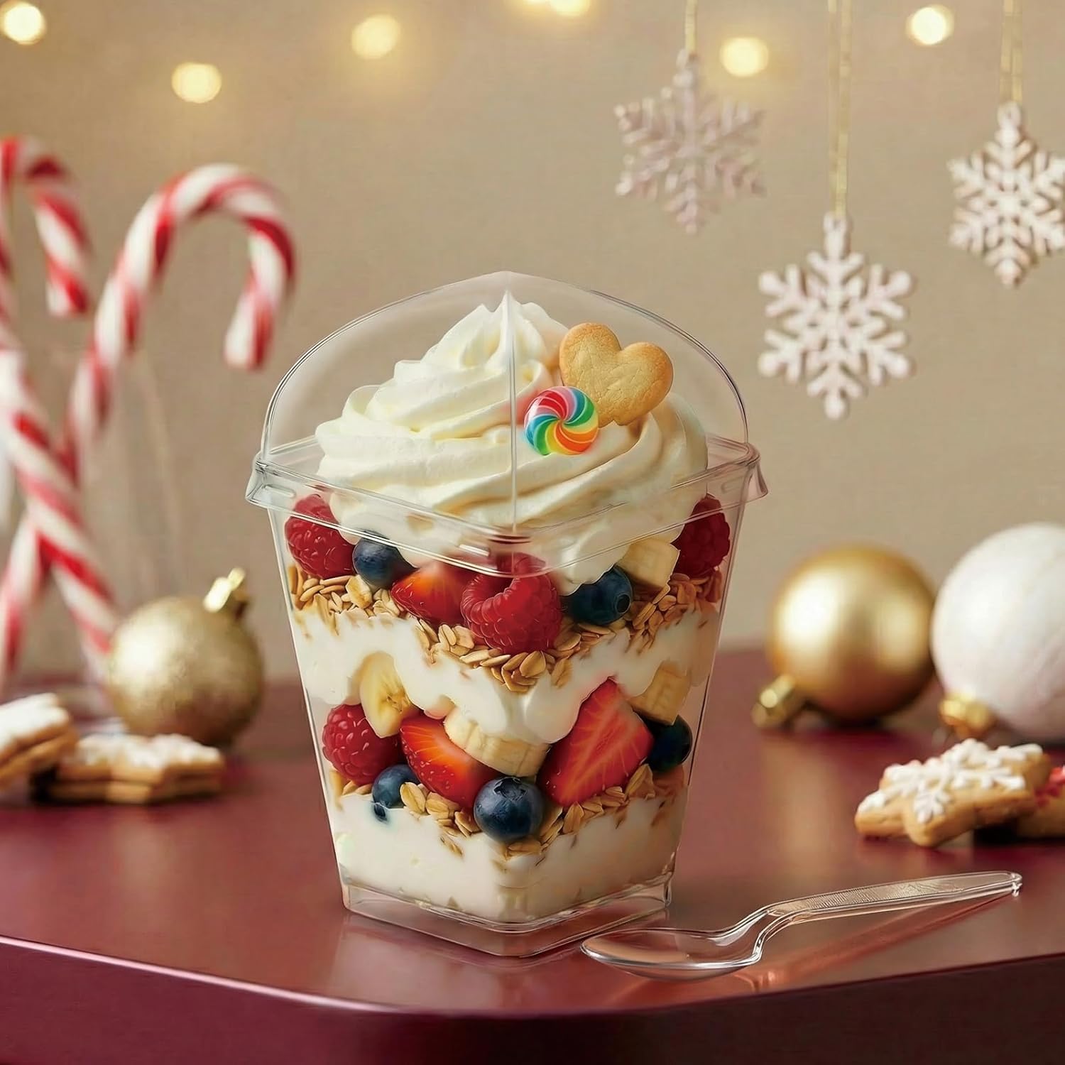 50Pack 5oz Clear Plastic Dessert Cups with Lids and Spoons, Reusable Square Parfait Appetizer Cups, Party Trifle Shooter Serving Cup, Mini Dessert Shot Glasses for Tasting - Image 2