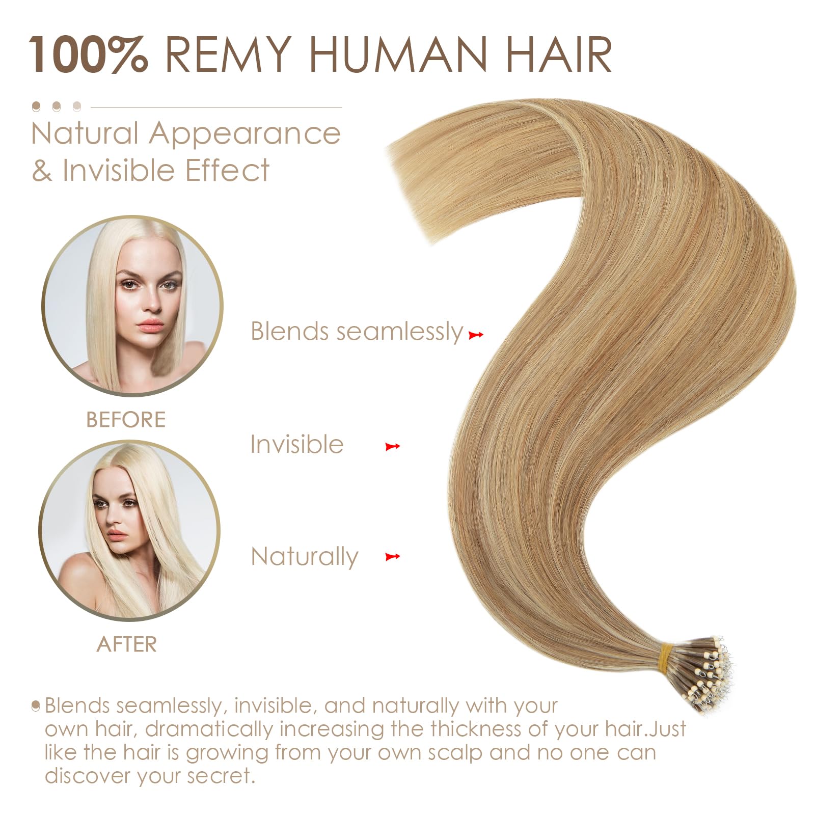 Silk-co Nano Ring Tip Hair Extensions Real Human Hair 24inch 1g/s Pre Bonded 50g Beads Bondings Cold Fushion #12P613 Golden Brown&Bleach Blonde With Nano Beads Cold Fusion 50 Strands - Image 3