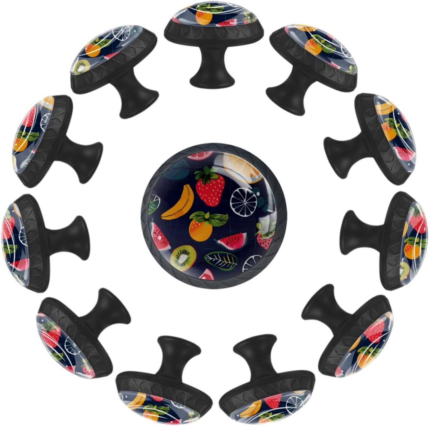 12 Pieces Fruits Colorful Pattern Glass Knobs for Dresser Drawers, 1.37 x 1.10 in Round Kitchen Cabinet Pulls for Home Office Nursery Kids Room