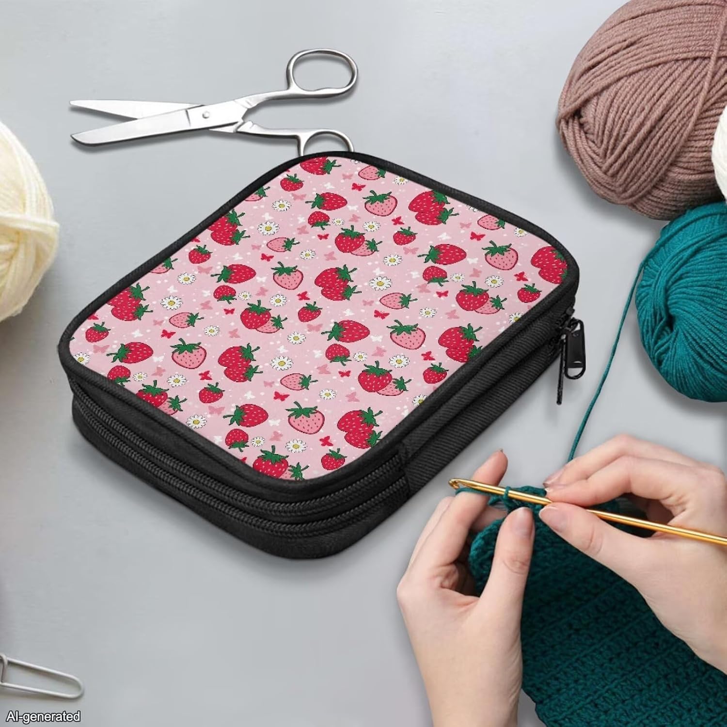 Noprintge Cute Strawberry Print Crochet Hook Organizer Case, Square Knitting Needle Storage Bag, Travel Organizer Bag for Crochet Hook and Knitting Accessories (No Accessories Included)
