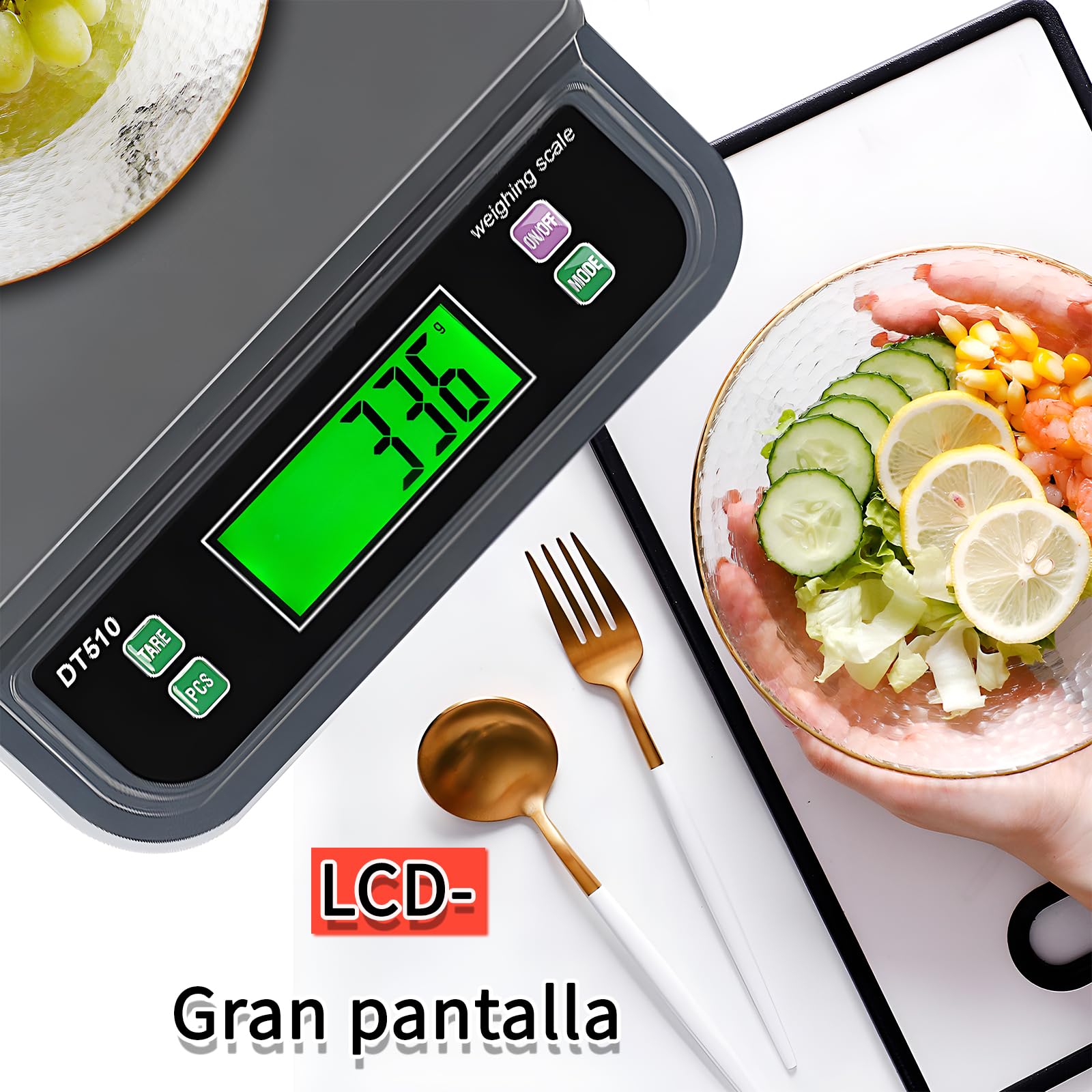 bascula de Cocina 30kg/66lb bascula Profesional panaderia para Peso Fruta bascula panaderia con Función Tara y PCS 6 Unidades g/oz/LB/kg/TL/CT bascula Cocina Grande