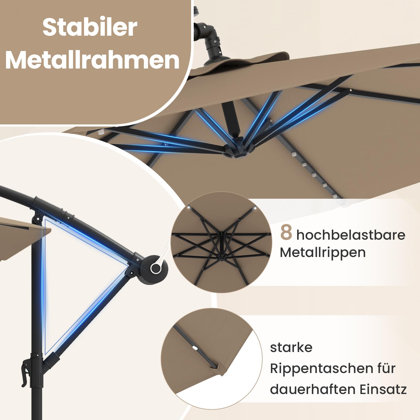COSTWAY Parasol przeciwsłoneczny 300 cm ze stojakiem i diodami LED, z korbą, parasol ogrodowy, ochrona przed promieniowaniem UV, parasol na taras, do ogrodu, na basen, taras