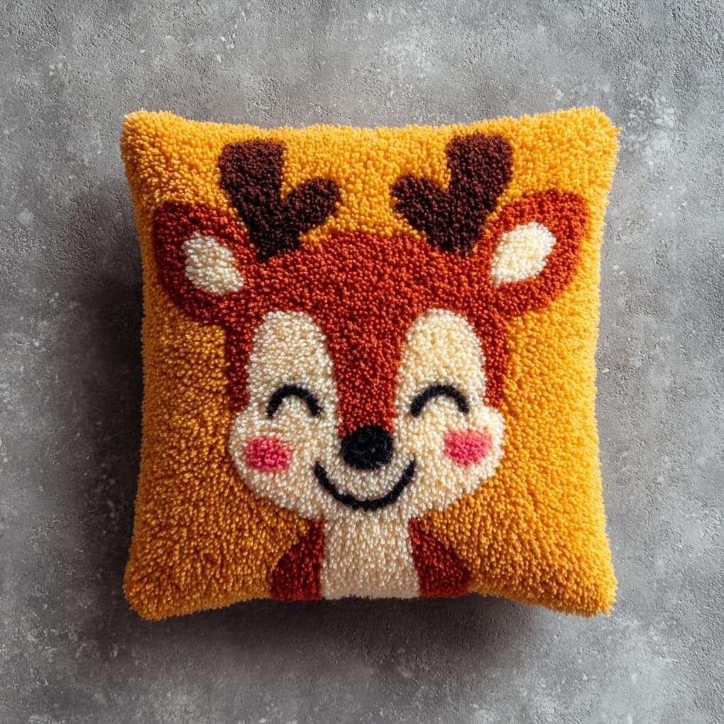 Henypt Premium Latch Hook Kit,Smiling Deer 43x43cm DIY Sofa Pillow Cover,Printed Pattern Crochet Kit with Tools & Yarn for All Ages
