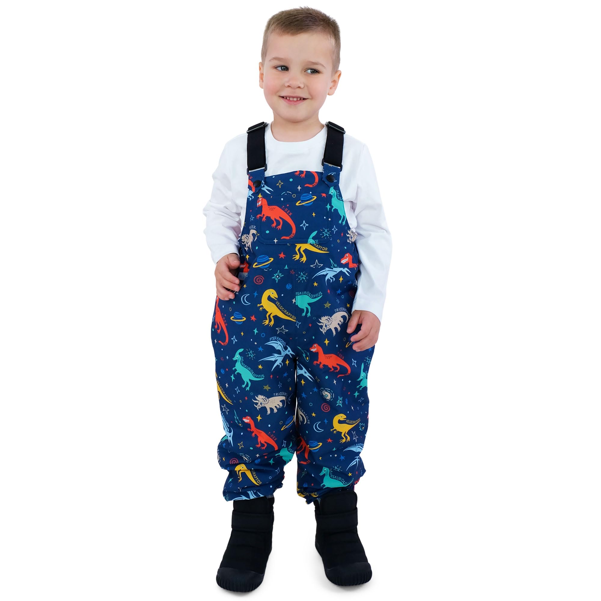 JAN & JUL Boys' Waterproof Bib Rain Pants, Lightweight Breathable Overalls for Kids (Space Dinos, Size 5T)