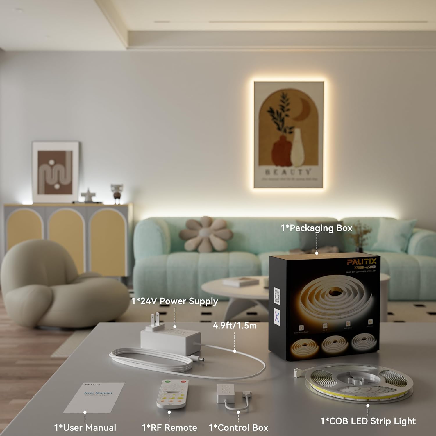 PAUTIX CCT COB LED Strip Light White Tunable 3200LEDs,CRI90+ 16.4ft/5m Dimmable 2700K-6500K 24V LED Tape Lights Kit,Work with Alexa/Google Assistant,for Under Cabinet Bedroom Kitchen DIY Lighting - Image 8