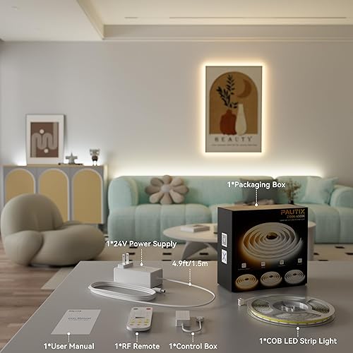 Miniatura 8 de PAUTIX CCT COB - Tira de luz LED blanca sintonizable, 3200 LED, CRI90+ 16.4 pies, regulable 2700K-6500K 24V, kit de luces LED, funciona con