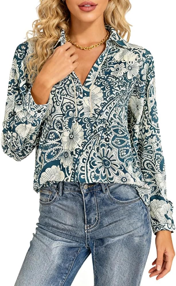 Women Tops Loose Fit Long Sleeve V Neck T Shirts Vintage Floral Casual Blouses Dressy Boho Fashion 2025 - Image 2