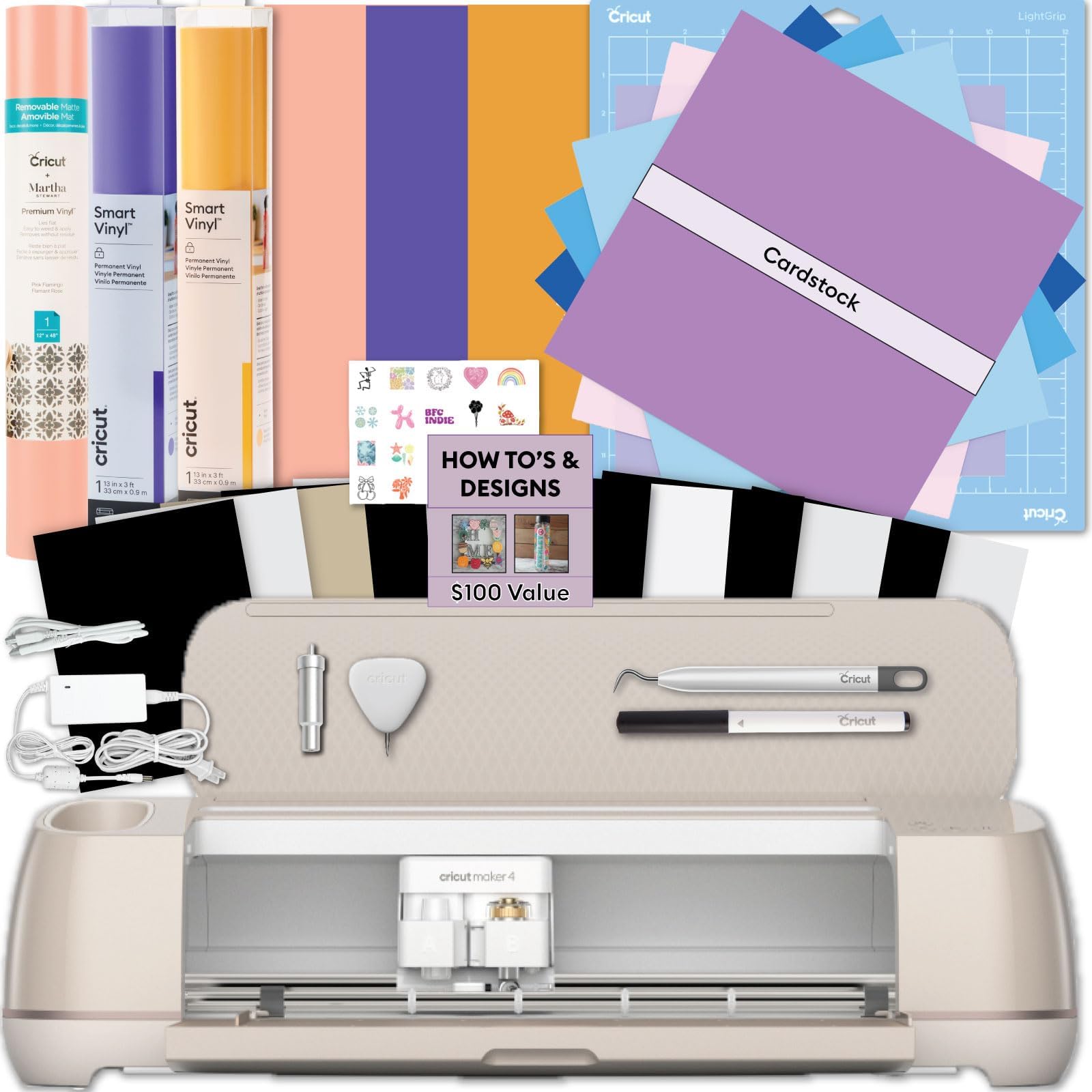 Cricut Maker 4 Cutting Machine with Vinyl Rolls and Cardstock Bundle - Electronic Craft Die-Cutting Machine with Variety Vinyl and Transfer Tape, Beginner Kit, Bluetooth Connectivity