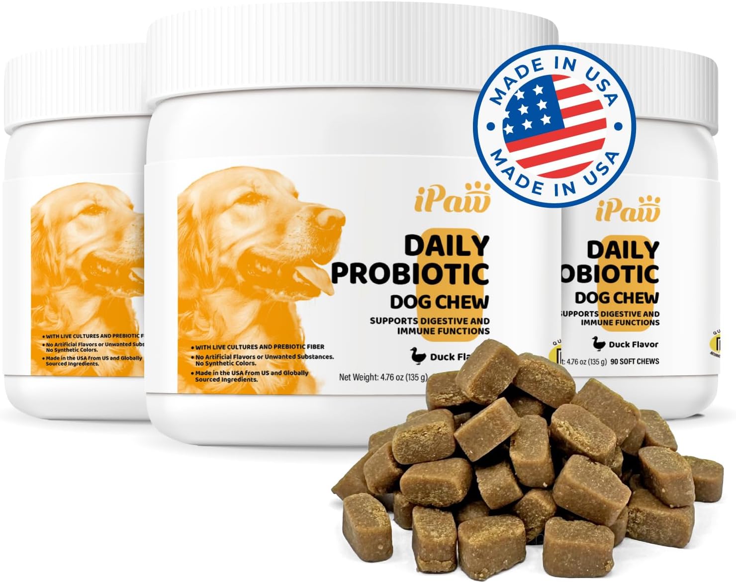 iPaw Daily Probiotic Chews for Dogs, Probiotics Treat for Dogs' Digestive Health, Gut Health, Support Immune System, Made in USA, Duck Flavor (90 Chews/Pack), 3 Packs