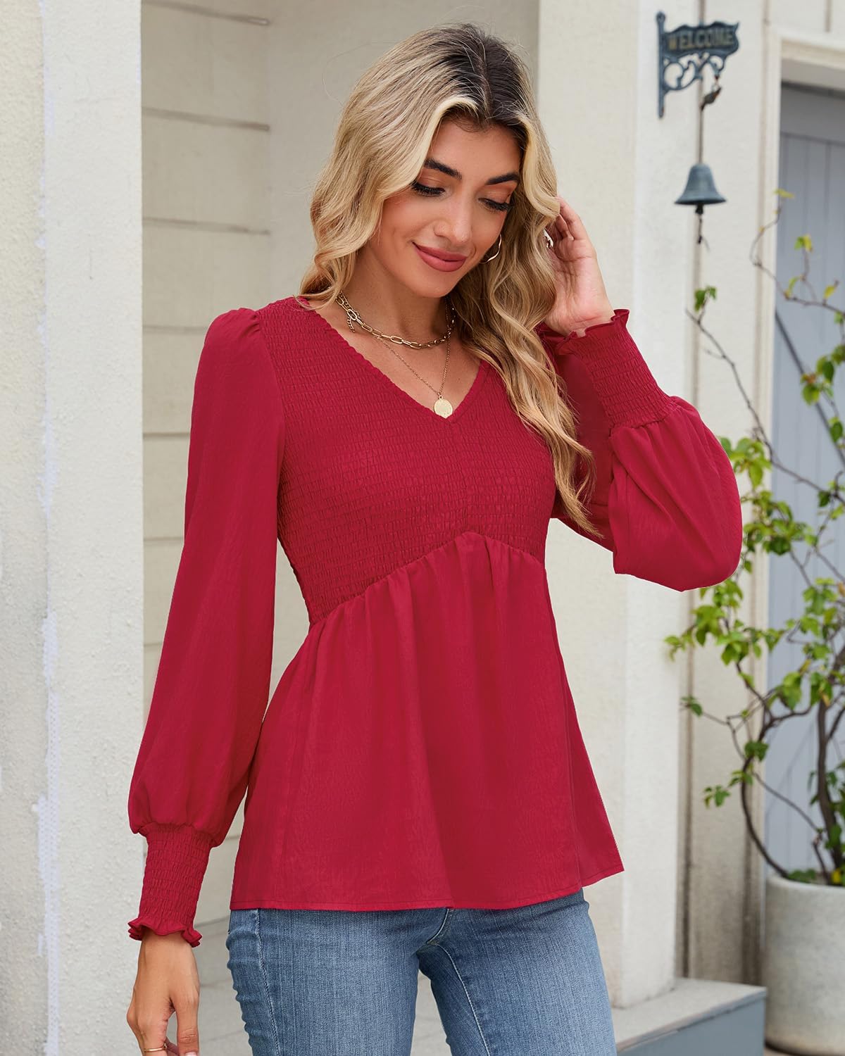 HEYTALALA Womens Long Sleeve Shirts V Neck Peplum Tops Dressy Casual Smocked Babydoll Blouses 2025 Fall Trendy Outfits - Image 2