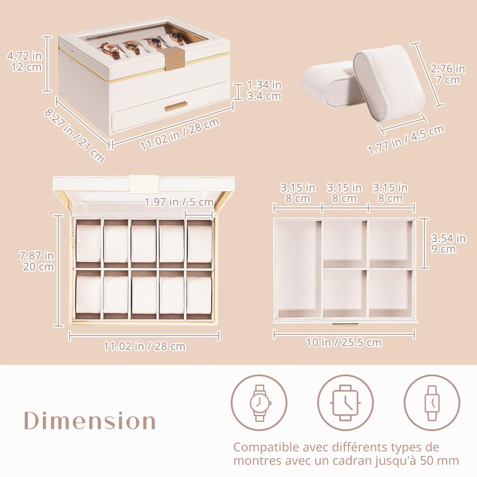 ProCase Boîte Montre Femme Elégante, Coffret Montre à 2 Niveaux, Range 10 Montres, 1 Tiroir pour Bijoux -Beige