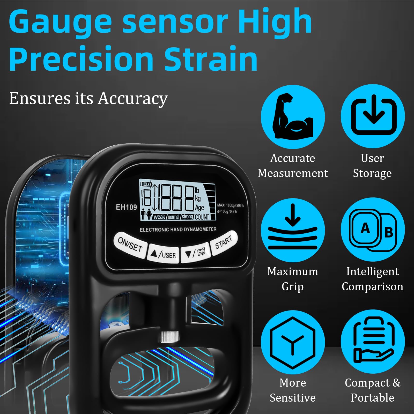 Dinamómetro de Mano Digital 180kg Medidor Fuerza Agarre Pantalla LCD USB Recargable