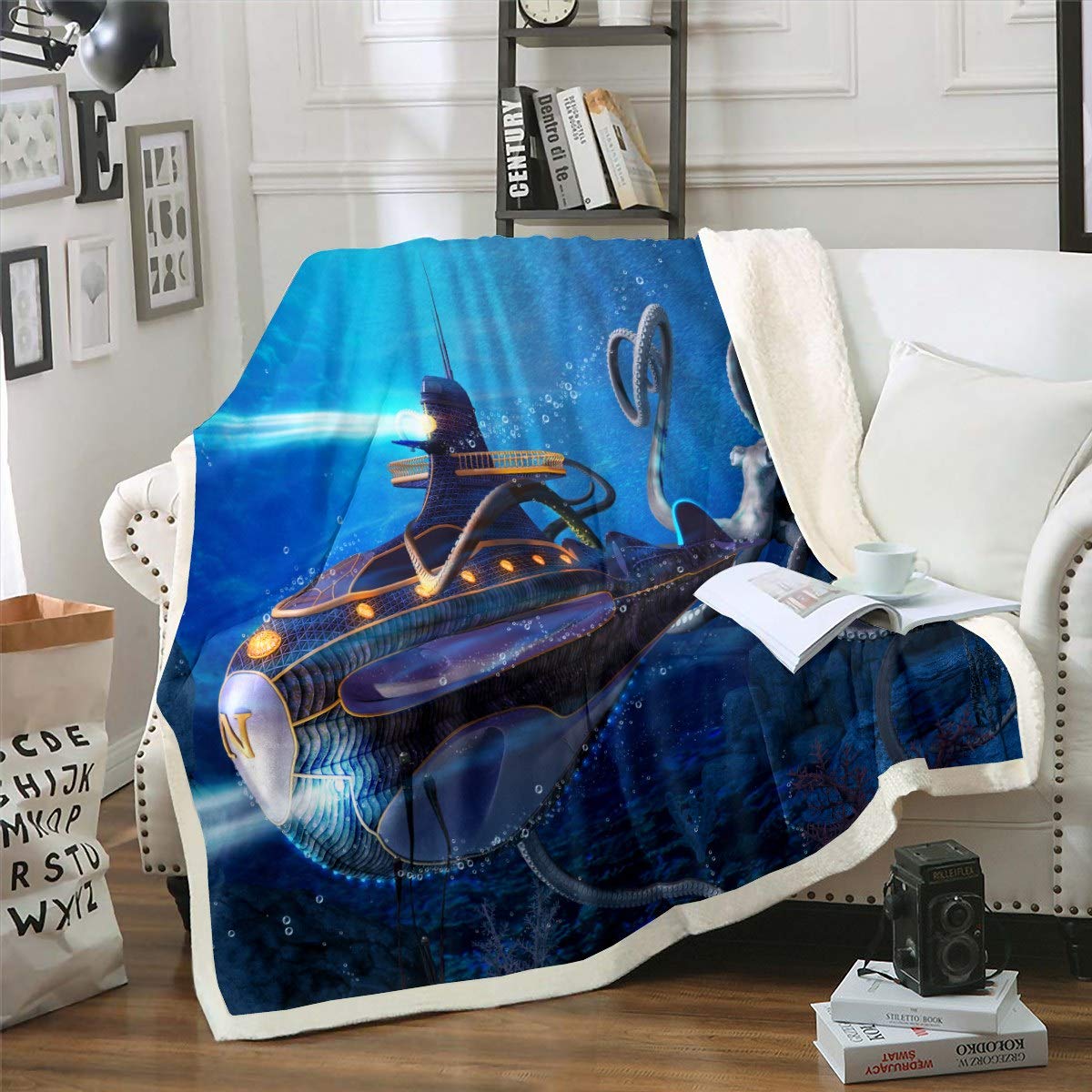 Loussiesd Octopus Tentacles Fleece Throw Blanket Ocean Kraken Printed Blanket Submarine Pattern Sherpa Blanket for Bedroom Decor Underwater World Plush Blanket Baby 30"x40" — image 1
