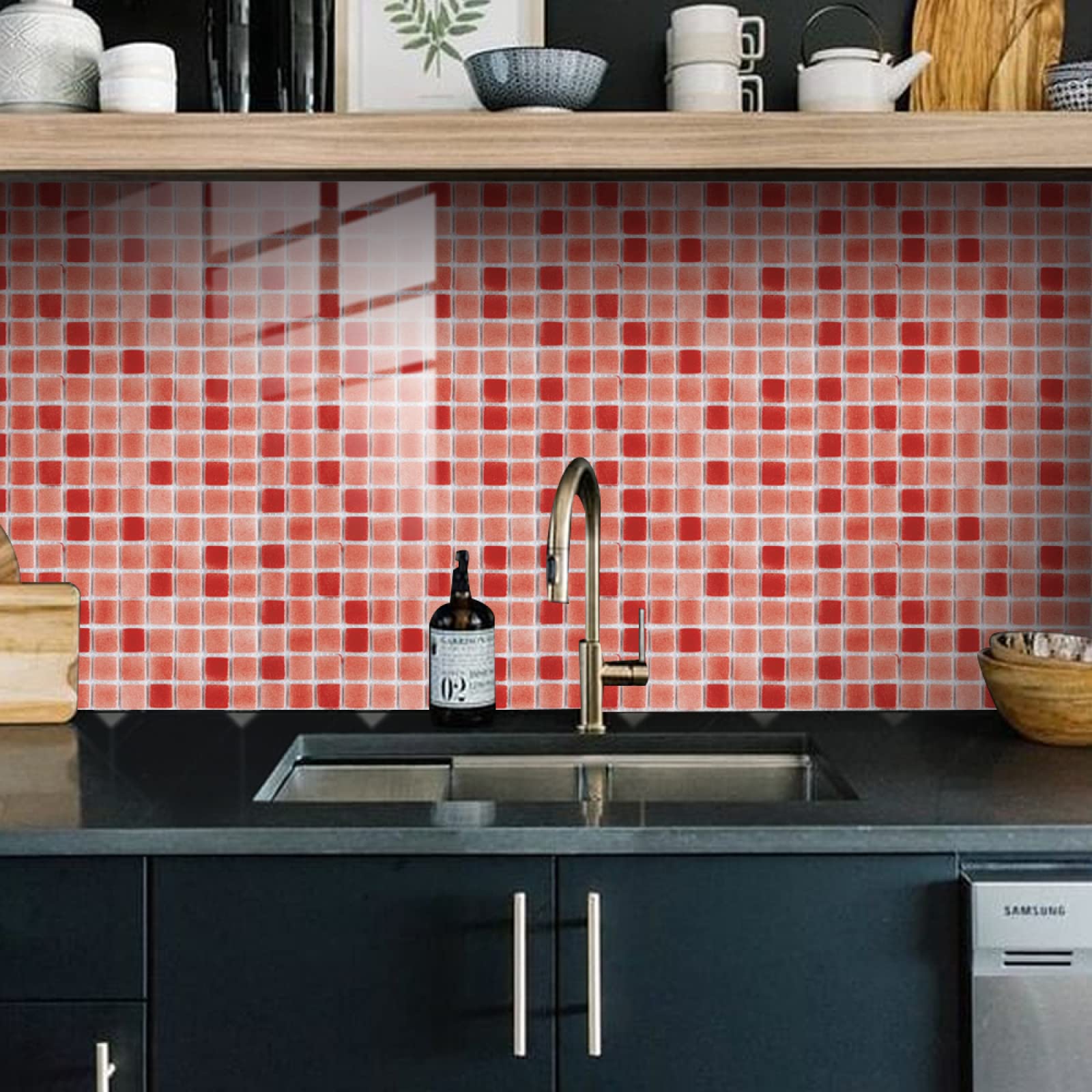 LMYSXAOZ Tile Stickers Pink Mosaic Red Peel and Stick Wallpaper PVC Waterproof Oil Proof Self Adhesive Wall Tiles for Kitchen Bathroom Home Decor on 10 Pcs(10x10cm)