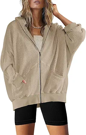 SAUKOLE Womens Fashion Zip Up Hoodies Oversized Waffle Knit Jacket Shirts Long Sleeve Solid Shacket Blouse with Pockets