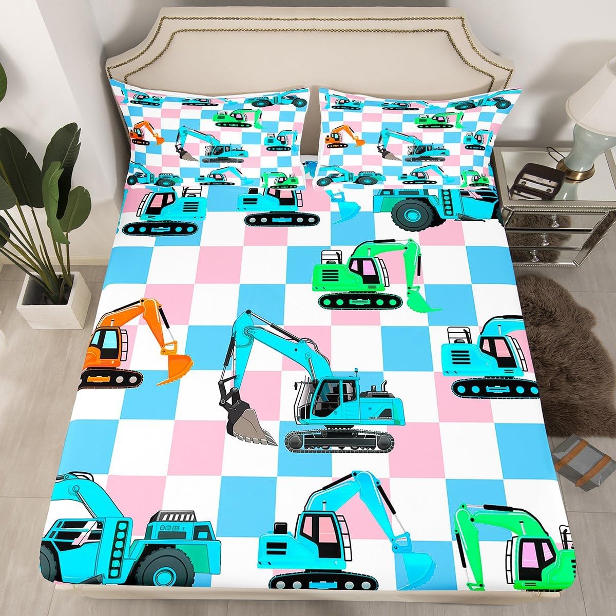 Cartoon Cars Full Size Fitted Sheet,Cute Excavator Equipment Construction Vehicles 3 Pieces Kids Teenager Room Decor Geometric Pink Blue Checker Plaids Pocket 2 Pillowcases