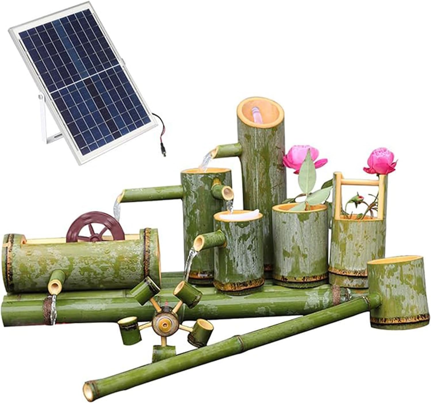 Natural Bamboo Solar Fountain Kit, Zen Water Feature with Spinning Wheel, Feng Shui Circulating Ornament for Bird Bath, Garden Bowl, Patio, Balcony, Pond, 15.7in(40cm)