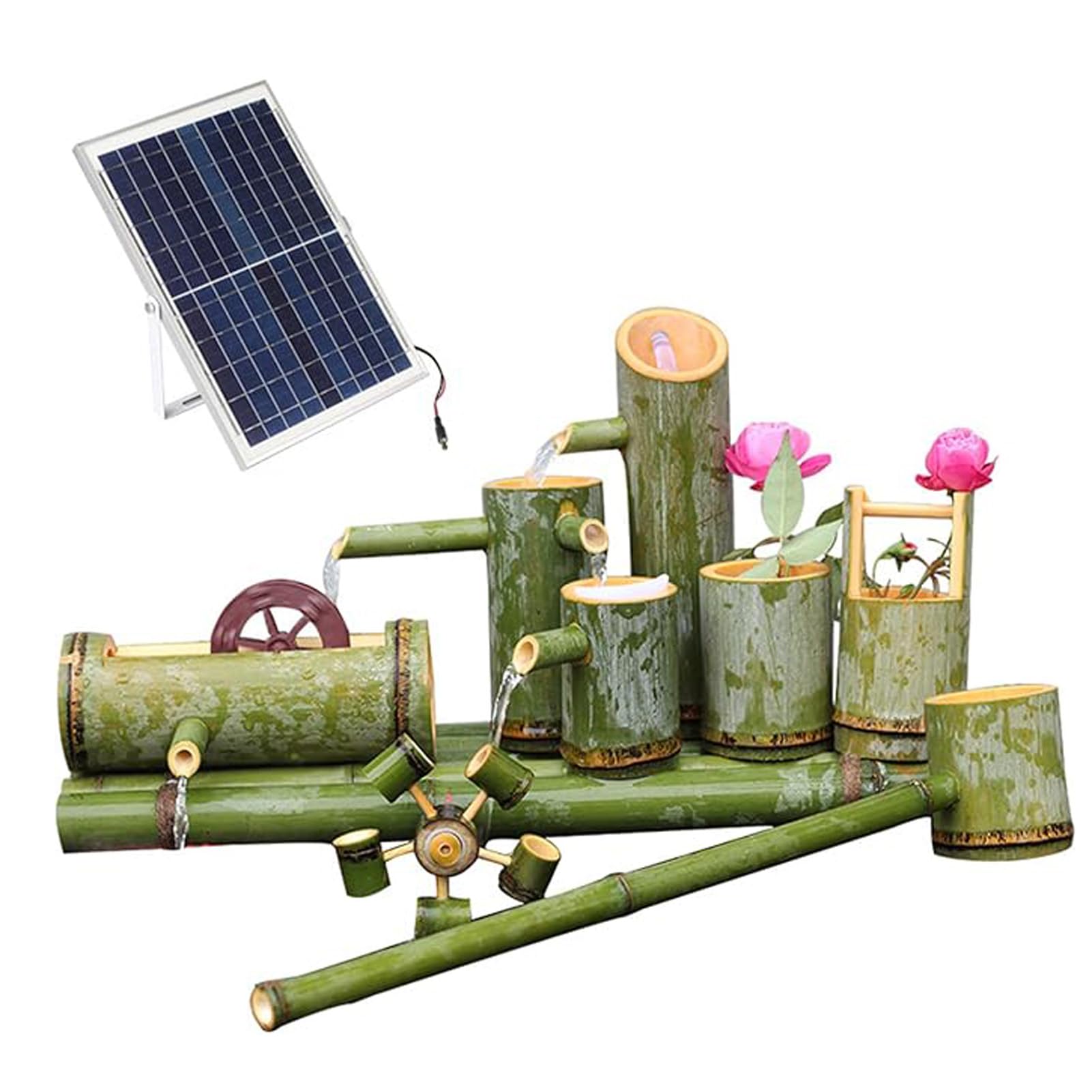 asdchZen Natural Bamboo Solar Fountain Kit, Zen Water Feature With Spinning Wheel, Feng Shui Circulating Ornament For Bird Bath, Garden Bowl, Patio, Balcony, Pond, 15.7In,13.8in(35cm)