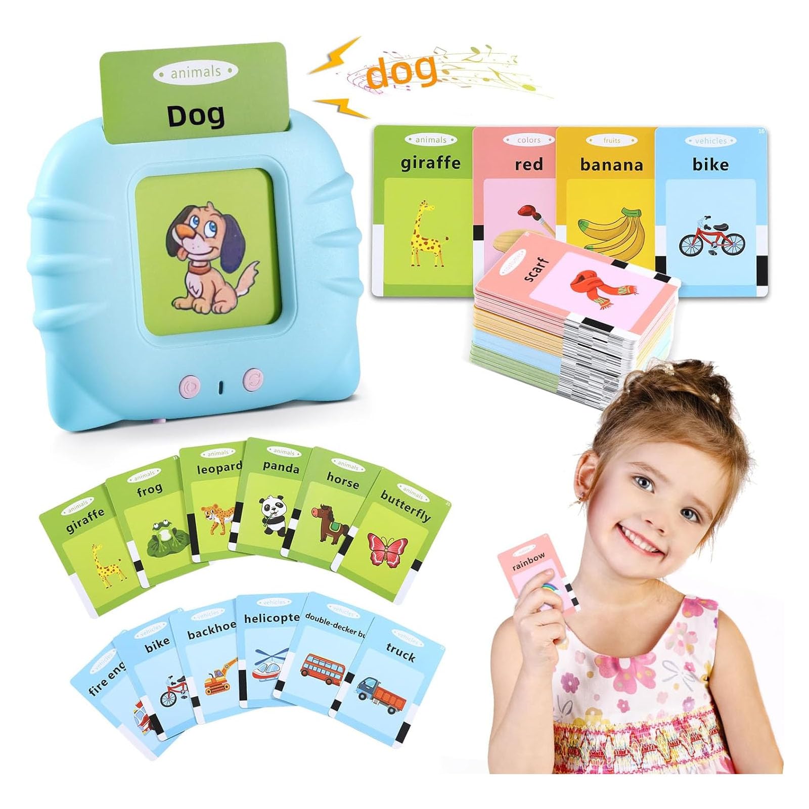 Montessori Flash Cards Early Educational Toys for 3-6 Year Old Boys Girls, Preschool Learning Reading Machine with 224 Words, Interactive Gift for Kids Toddlers (English - 224 words - Blue)