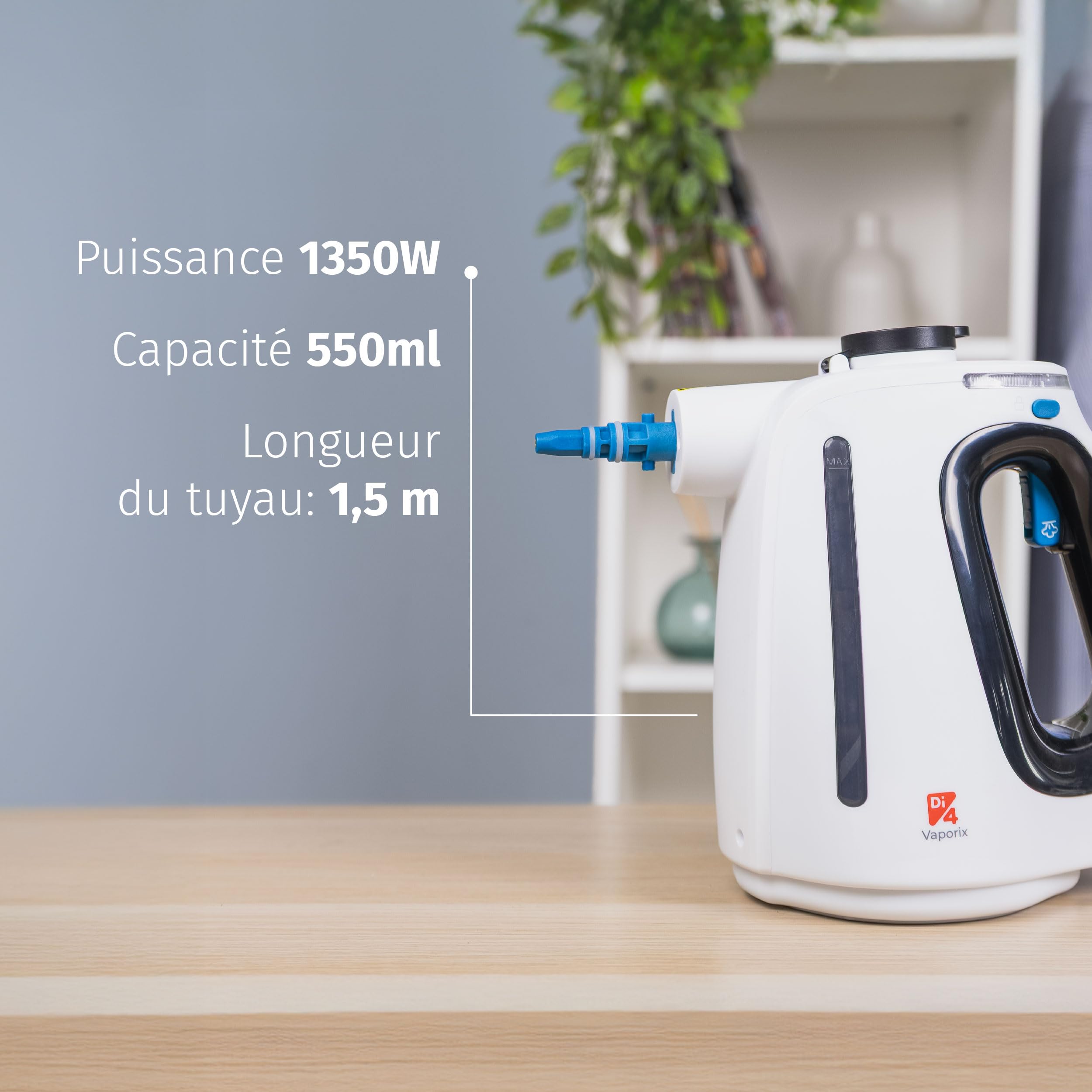Di4 Vaporix Nettoyeur Vapeur à Main 1350W, Vapeur Continue 32 g/min, Chauffe 30s, 16 min de Vapeur, Réservoir 550 ml, Nettoyeur Vapeur Multifonction 9 Accessoires, Tuyau 3 m