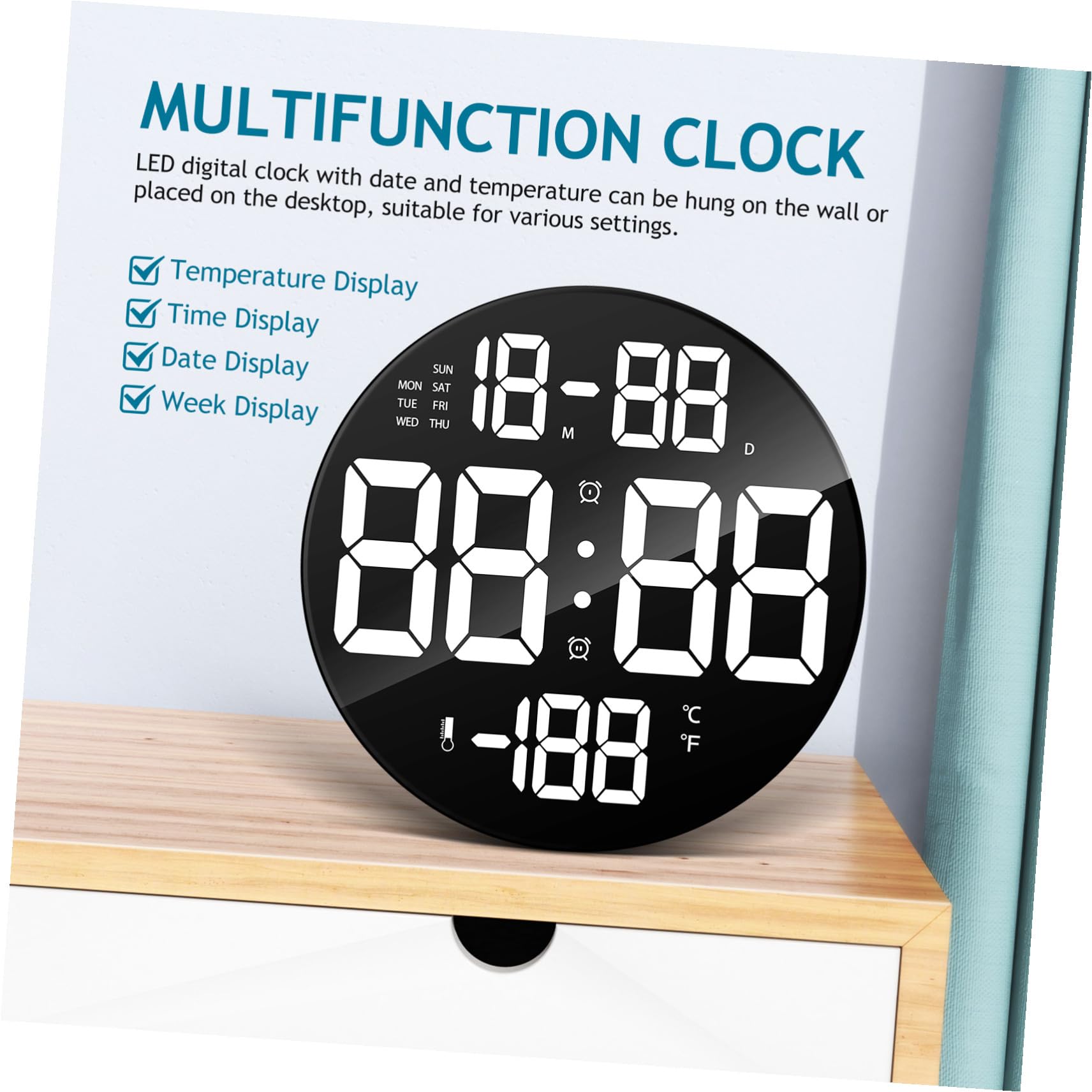 Toyvian Digitale LED Runduhr mit Fernbedienung und Großem Display Kunststoffgehäuse Datums und Temperaturanzeige Batteriebetriebene Funkwanduhr für Wohnzimmer und Büro