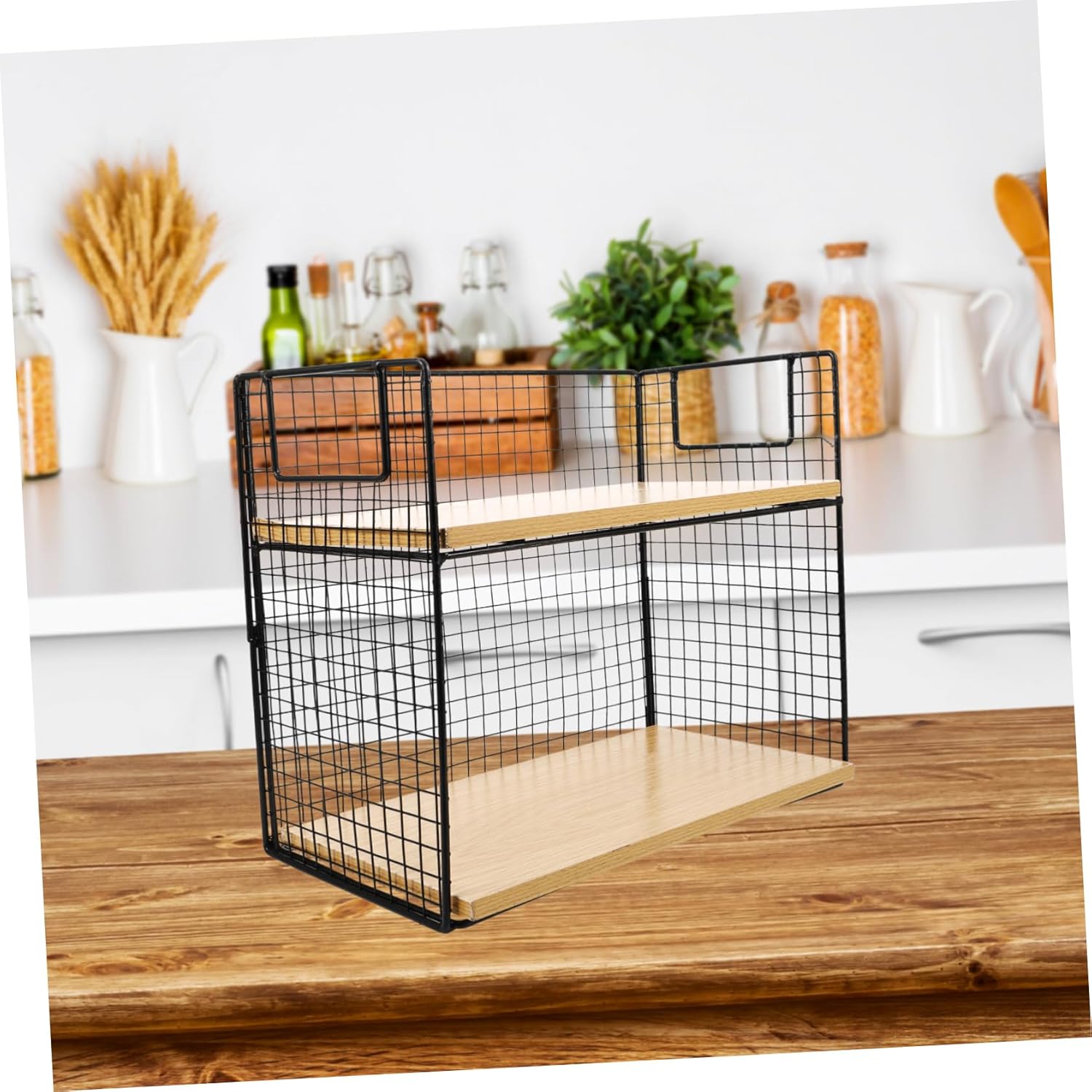 Cabilock Countertop Storage Shelf Metal Frame Wood Organizer for Kitchen Cup and Toiletry Storage Versatile Home Decor Classic and Natural Finish