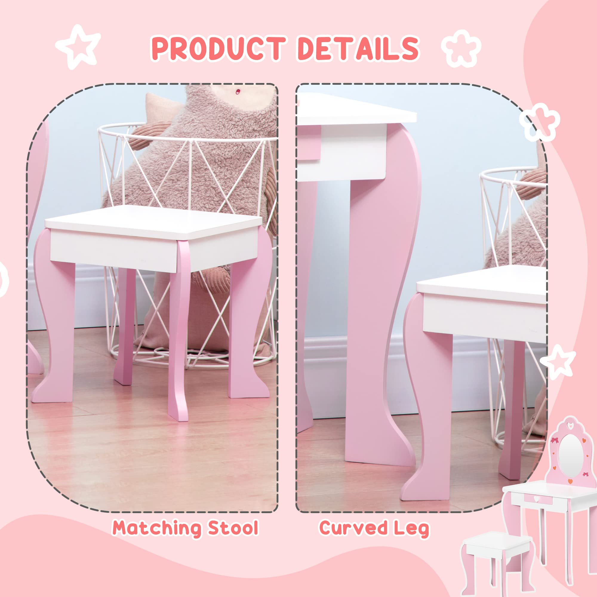ZONEKIZ Set Tavolo Trucco con Sgabello e Specchio e Cassetto in Legno MDF per Bambini da 3-6 Anni, Bianco e Rosa
