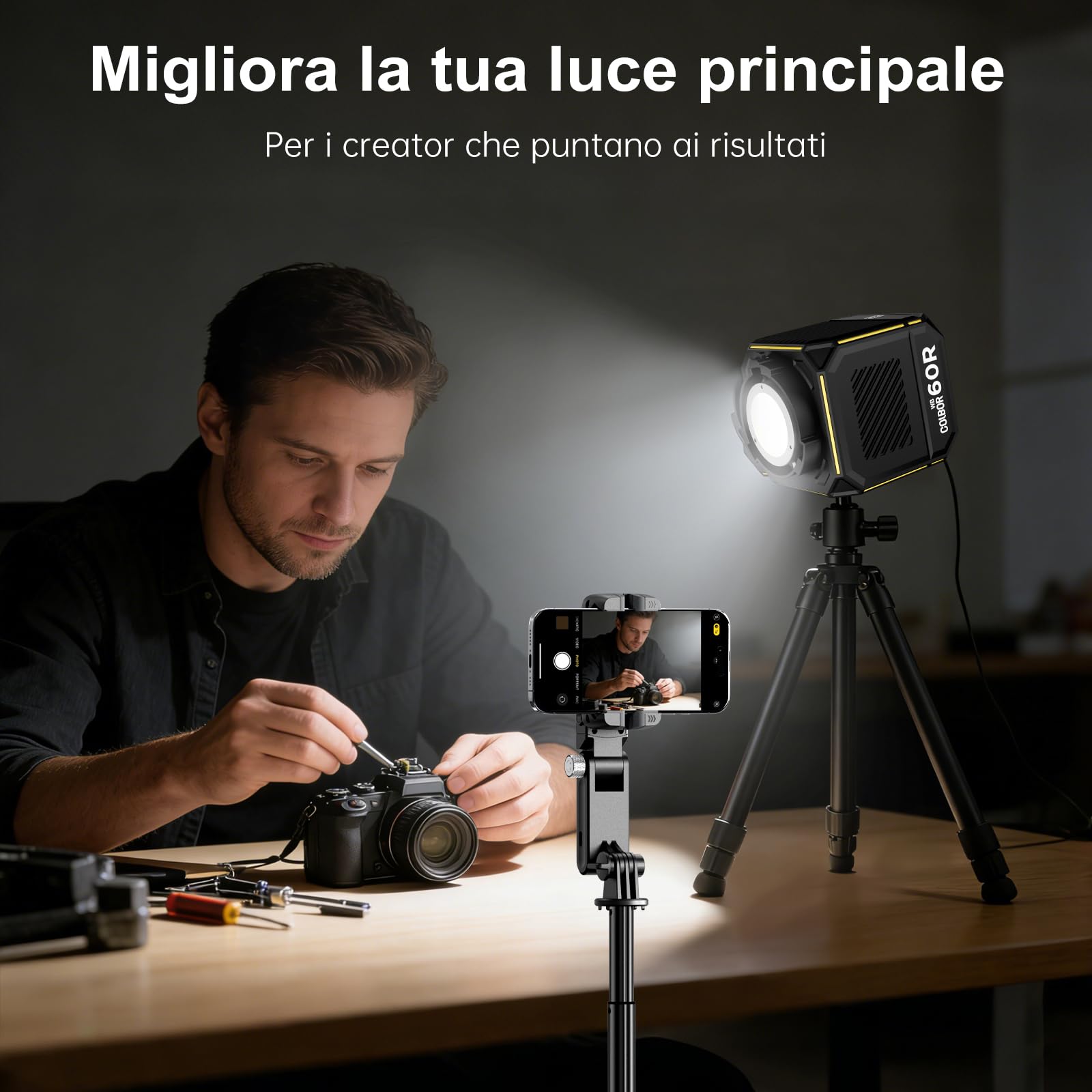 COLBOR 60W Luce Video LED con Batteria Integrata 59Wh, Lampada COB RGBW Portatile, 2700K-6500K Bi-Color, CRI 96+, Controllo App, Ricarica PD/DC, Illuminazione Professionale per Esterni e Studio