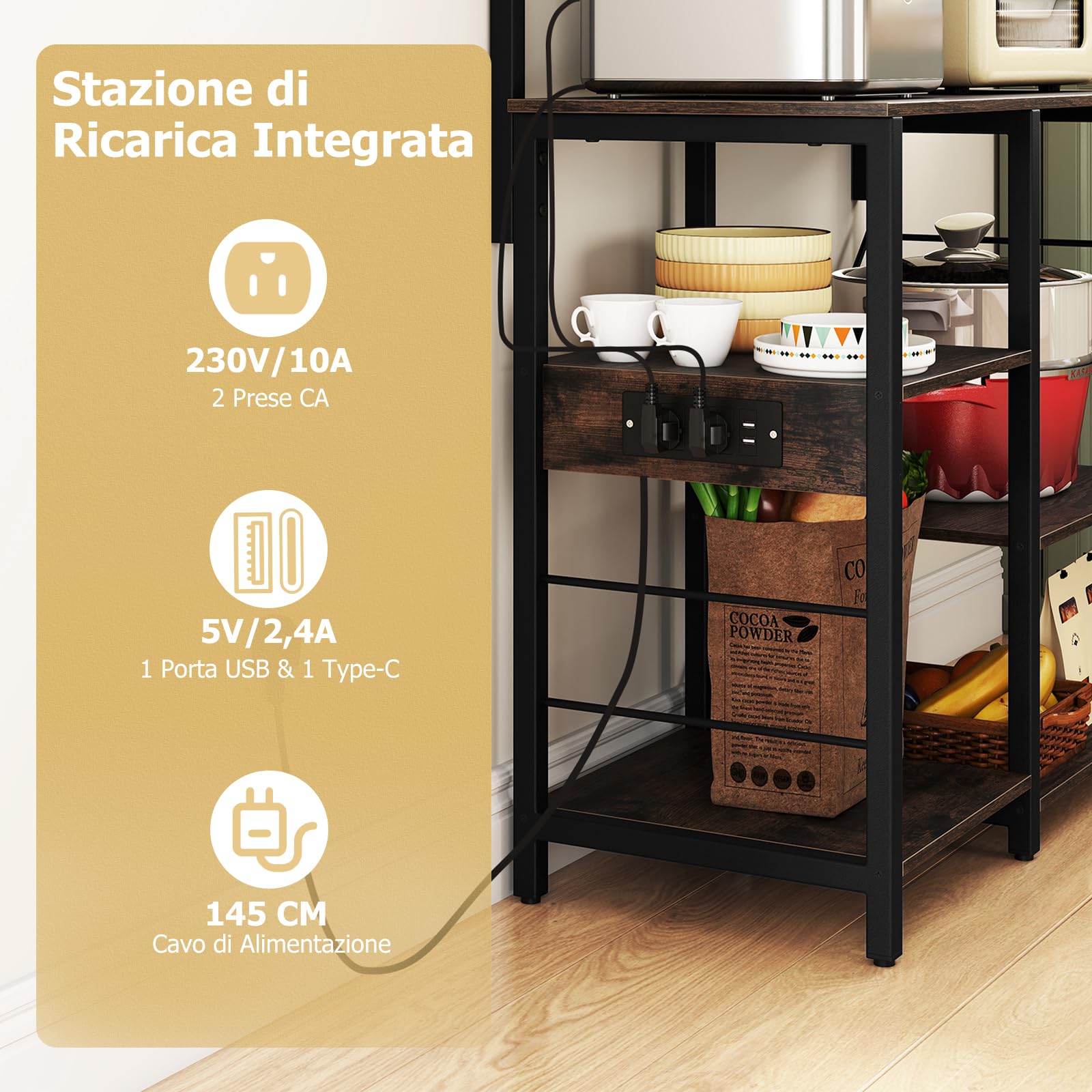 COSTWAY Scaffale da Cucina con Multipresa, Supporto per Microonde a 5 Ripiani con Luci LED, Mensole Portaoggetti, Scaffale Multifunzionale per Cucina Soggiorno Bar, 90 x 40,5 x 147 cm