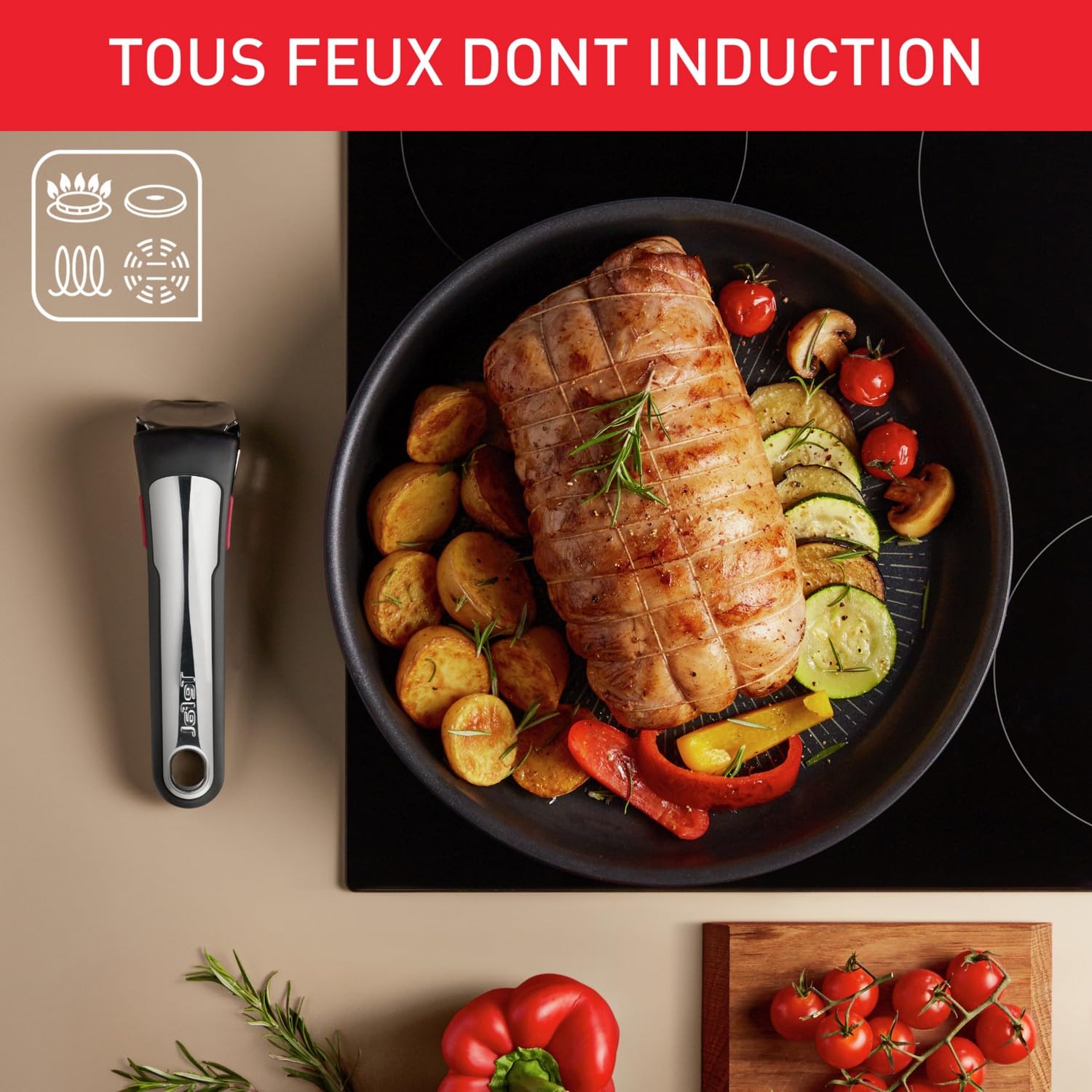 Tefal Ingenio Lot de 3 casseroles + poignée amovible, Induction, Revêtement antiadhésif, Empilable, Compatible lave-vaisselle, Fabriqué en France, Eco Resist On L7679202