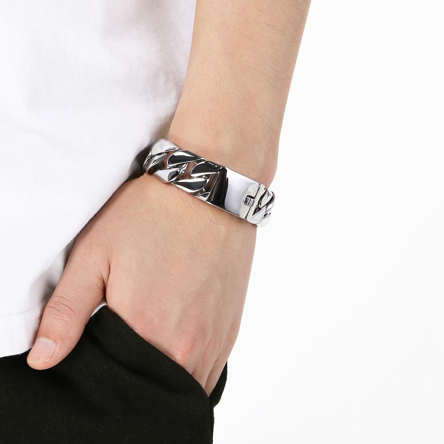 Men's Stainless Steel Cuban Bracelet Vintage Large Silver Bracelets for Men Masculine Polished Jewelry for Him