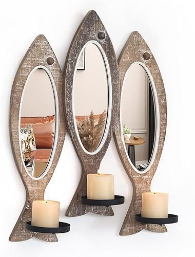 Asense Candelabros decorativos de pared para decoración de pared, portavelas decorativo de metal y madera, decoración rústica para sala de estar,