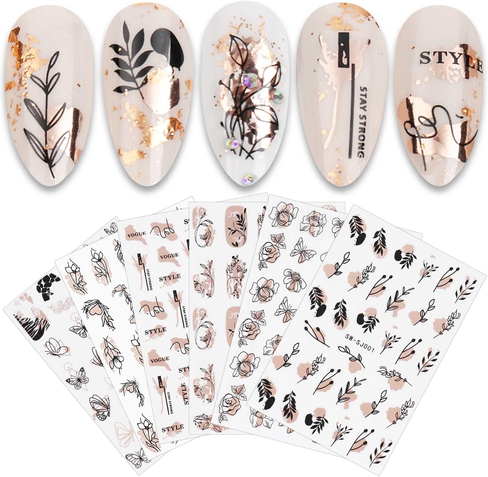 JMEOWIO 12 Sheets Rose Gold Black Flower Nail Art Stickers Decals Self-Adhesive Spring Line Abstract Leaf Nail Supplies Nail Art Design Decoration Accessories
