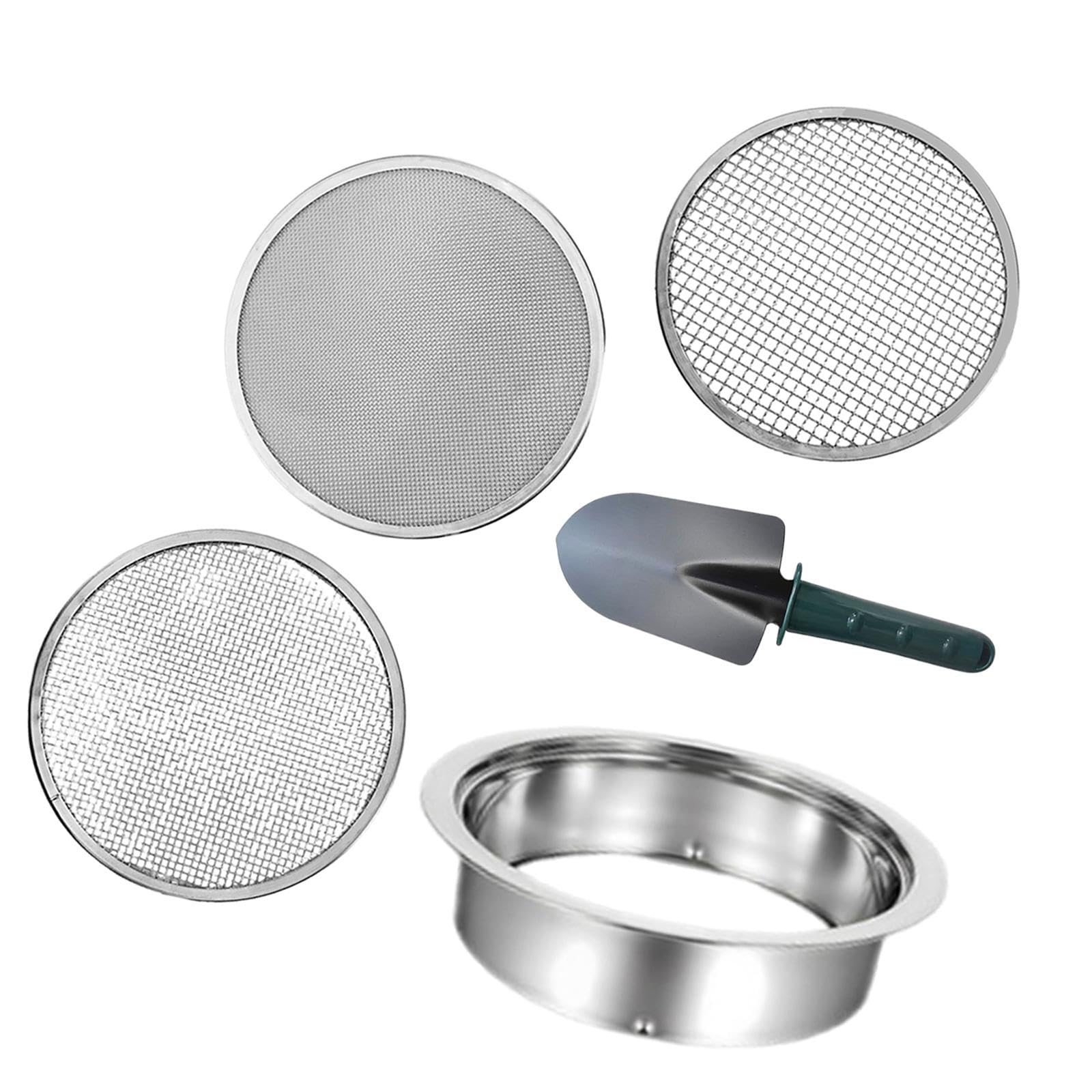 3 Piezas Criba Set de de Jardín con Bandeja de Reemplazo Mallas Resistentes y Pala para Separar Rocas Adecuado para Huertos, Pala Verde de 3 Mallas