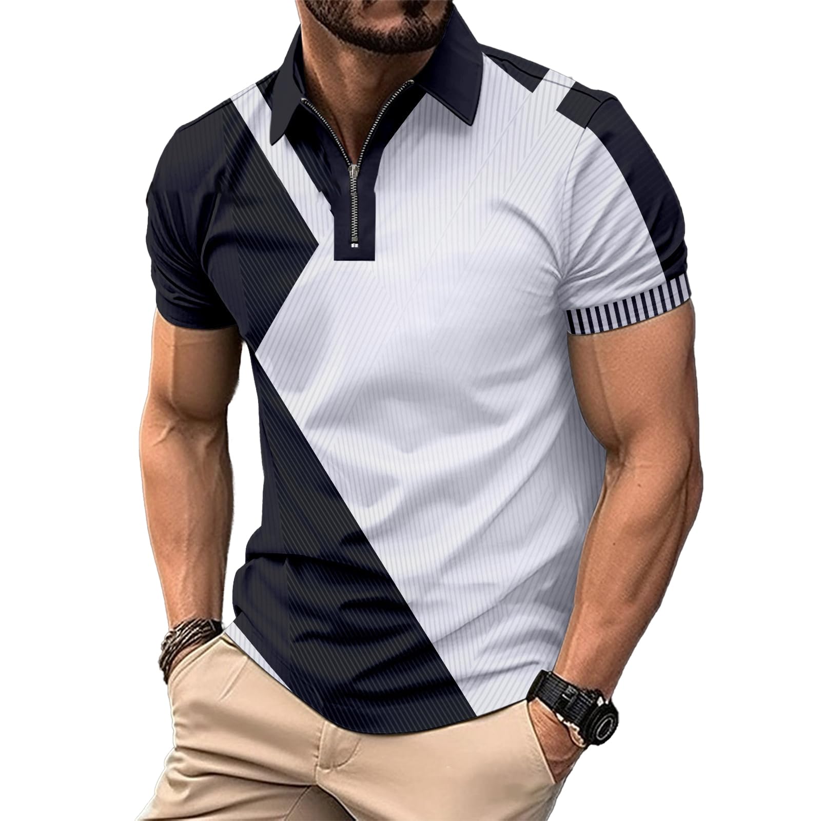 DEEX Men's Casual Polo Shirts Short Sleeve 2026 Stylish Stripe Summer Button T Shirt Lightweight Color Block Golf Slim Fit Shirts for Men with Zipper Collar Black White 3XL