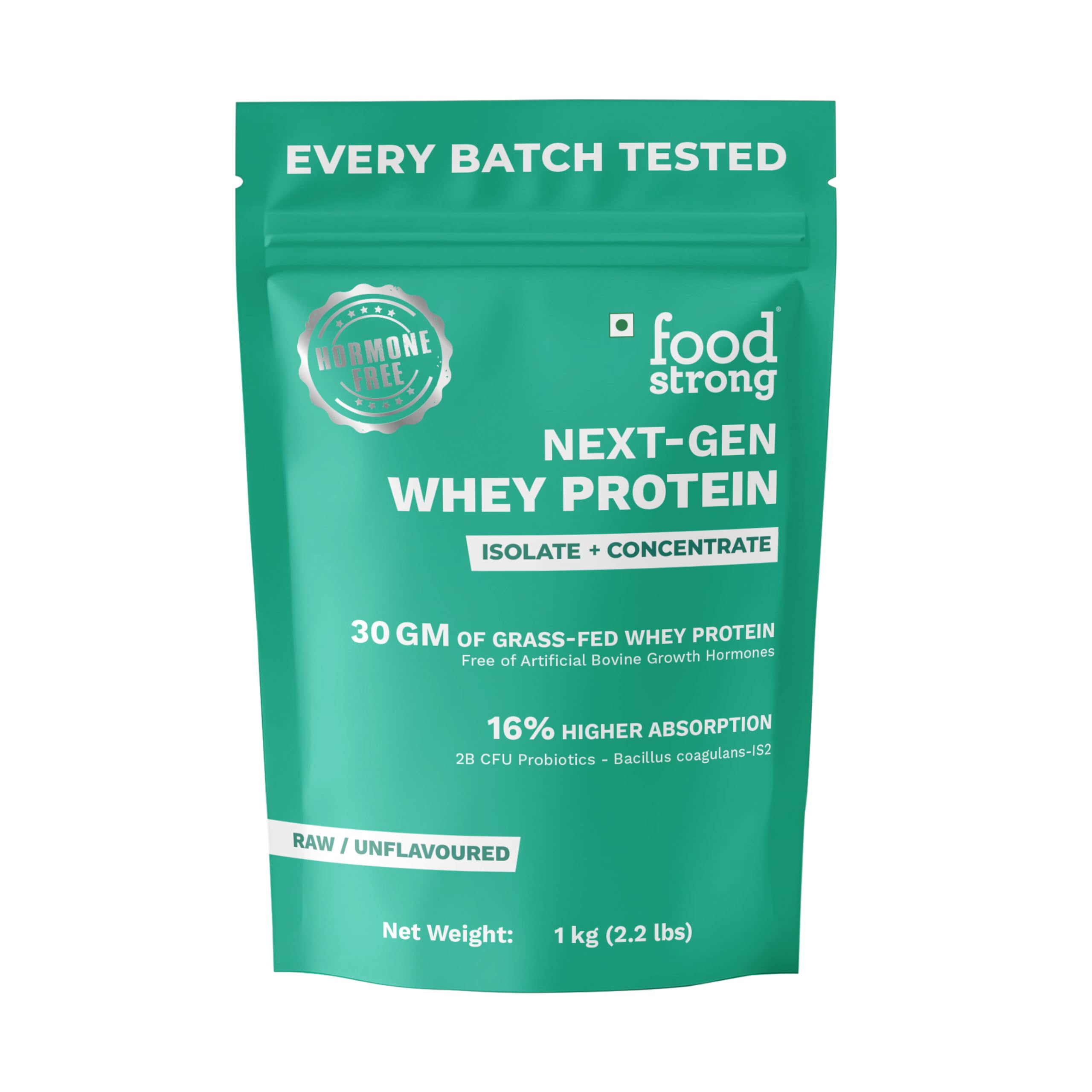 Foodstrong Next-Gen Whey Protein Isolate + Concentrate, 100% Hormone Free Grass-Fed Whey, 30G Protein, Unflavoured (Raw Protein), With Turmeric, Probiotics & Natural Digestive Enzymes For Easy Digestion, 1KG