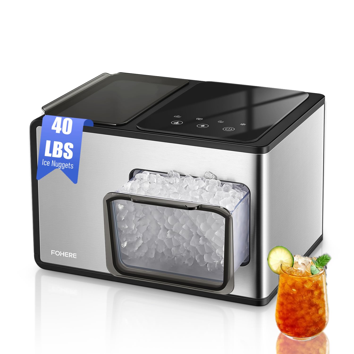 Nugget Ice Maker Countertop, ??????????/??????, Pebble Ice Maker with Soft Chewable Ice, Self Cleaning Sonic Ice Machine, Stainless Steel, Touch Screen, Compact Design for Home Office Party - Silver